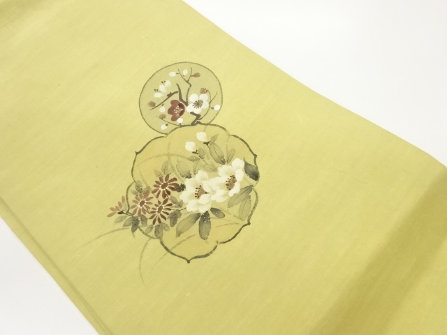 手織り紬手描き梅・草花模様名古屋帯